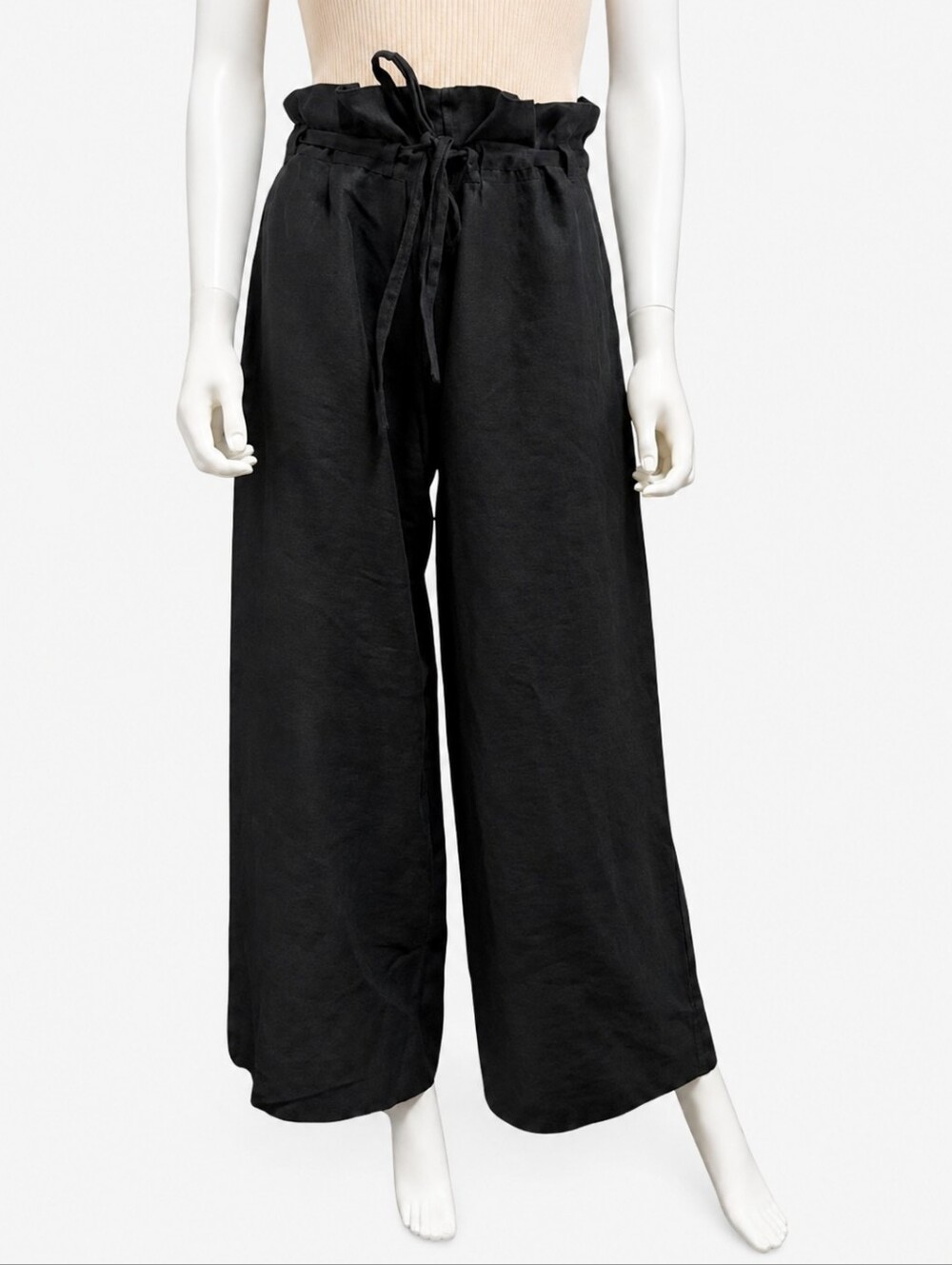 NILI LOTAN | Esmae Black Linen Paperbag Wide Leg High Rise Pants S